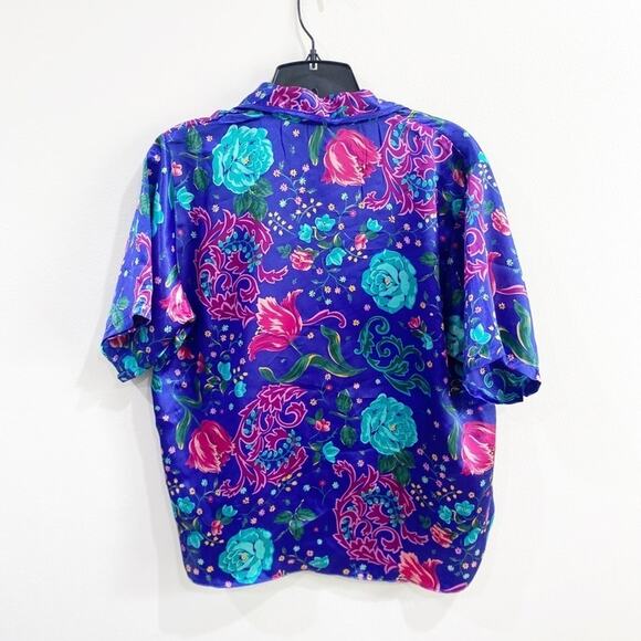 VTG 90s Floral Satin Pajama Top Size S Silky Boxy Button Blouse Boho - Picture 8 of 8